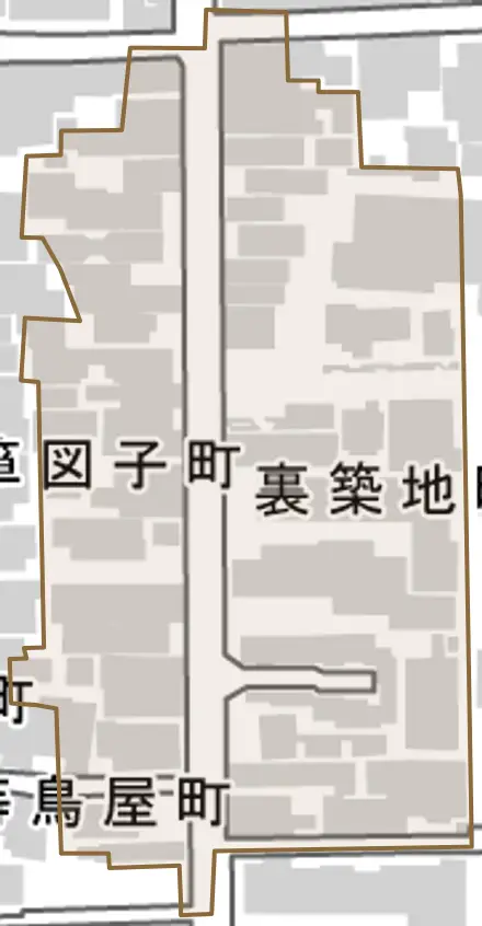 裏築地町とその周辺の地図。町の範囲を重ねている