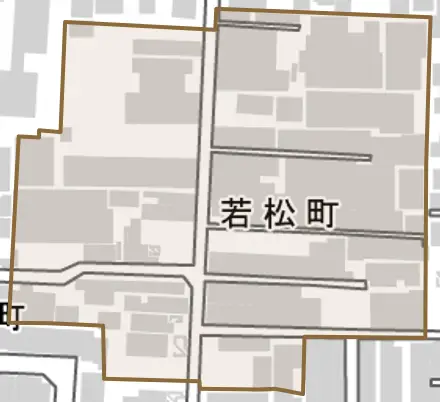 若松町とその周辺の地図。町の範囲を重ねている
