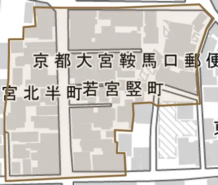 若宮竪町とその周辺の地図。町の範囲を重ねている