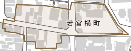 若宮横町とその周辺の地図。町の範囲を重ねている