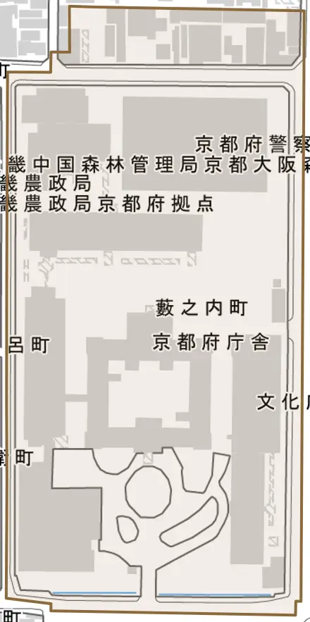 藪之内町とその周辺の地図。町の範囲を重ねている