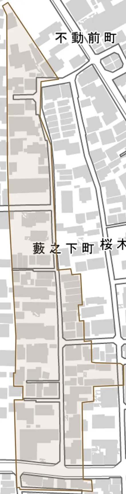藪之下町とその周辺の地図。町の範囲を重ねている