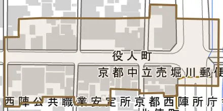 役人町とその周辺の地図。町の範囲を重ねている