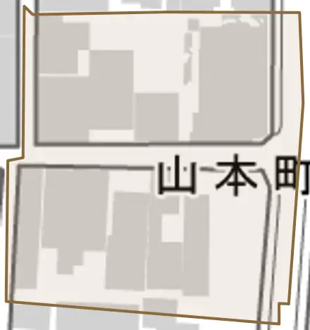 山本町とその周辺の地図。町の範囲を重ねている