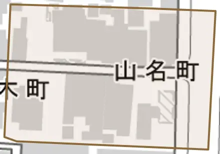 山名町とその周辺の地図。町の範囲を重ねている