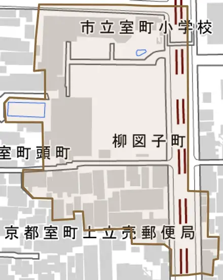 柳図子町とその周辺の地図。町の範囲を重ねている