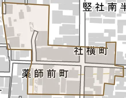 社横町とその周辺の地図。町の範囲を重ねている