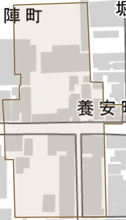 養安町とその周辺の地図。町の範囲を重ねている