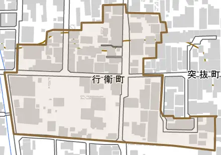 行衛町とその周辺の地図。町の範囲を重ねている