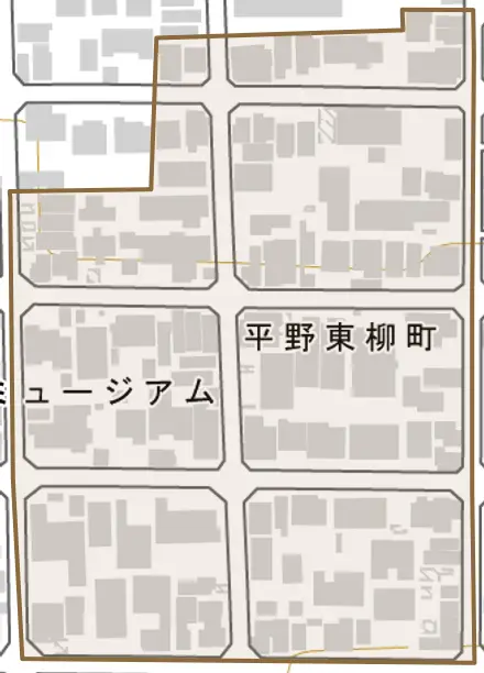 平野東柳町とその周辺の地図。町の範囲を重ねている
