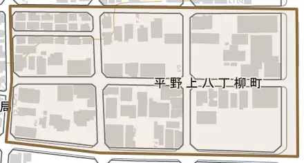 平野上八丁柳町とその周辺の地図。町の範囲を重ねている