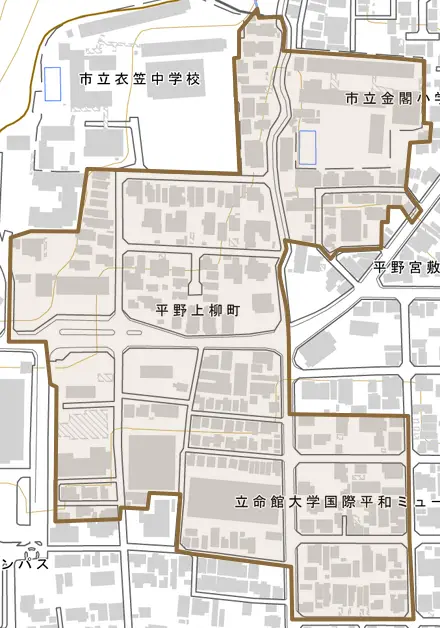 平野上柳町とその周辺の地図。町の範囲を重ねている
