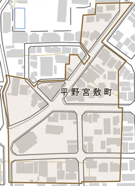 平野宮敷町とその周辺の地図。町の範囲を重ねている