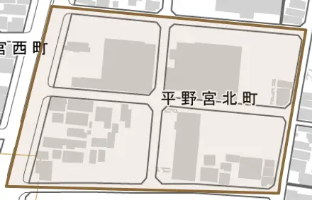 平野宮北町とその周辺の地図。町の範囲を重ねている