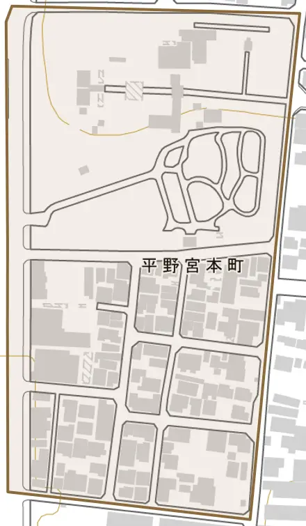平野宮本町とその周辺の地図。町の範囲を重ねている