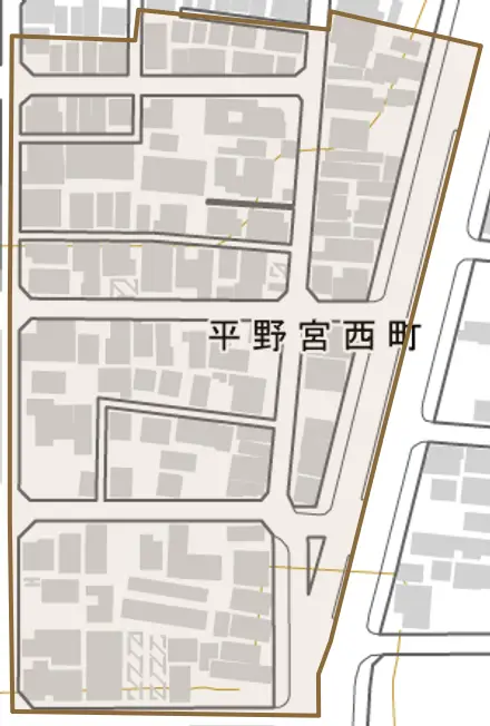 平野宮西町とその周辺の地図。町の範囲を重ねている