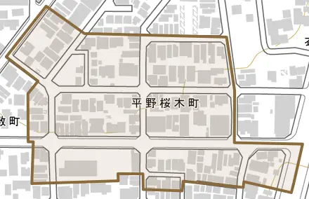 平野桜木町とその周辺の地図。町の範囲を重ねている