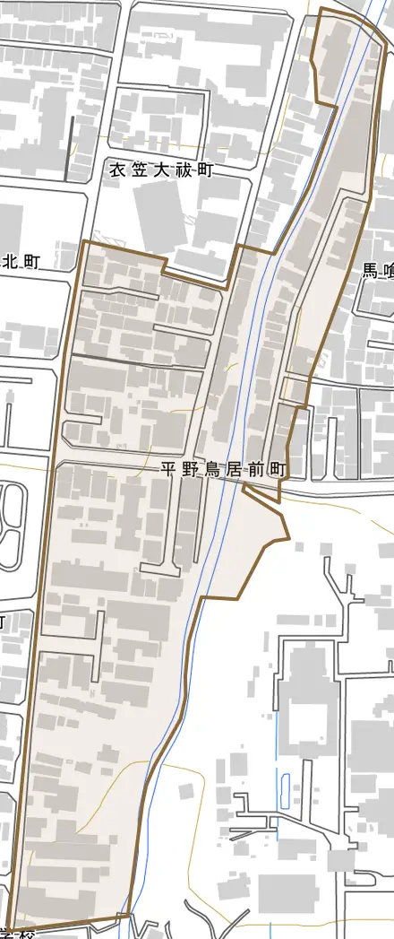平野鳥居前町とその周辺の地図。町の範囲を重ねている