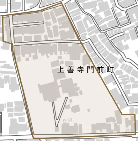 上善寺門前町とその周辺の地図。町の範囲を重ねている