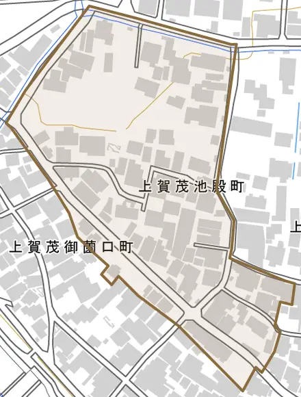 上賀茂池殿町とその周辺の地図。町の範囲を重ねている