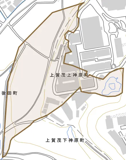 上賀茂上神原町とその周辺の地図。町の範囲を重ねている