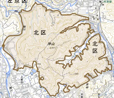 上賀茂神山とその周辺の地図。町の範囲を重ねている