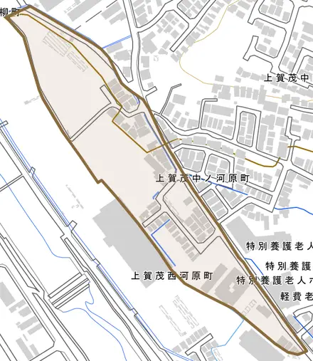 上賀茂中ノ河原町とその周辺の地図。町の範囲を重ねている