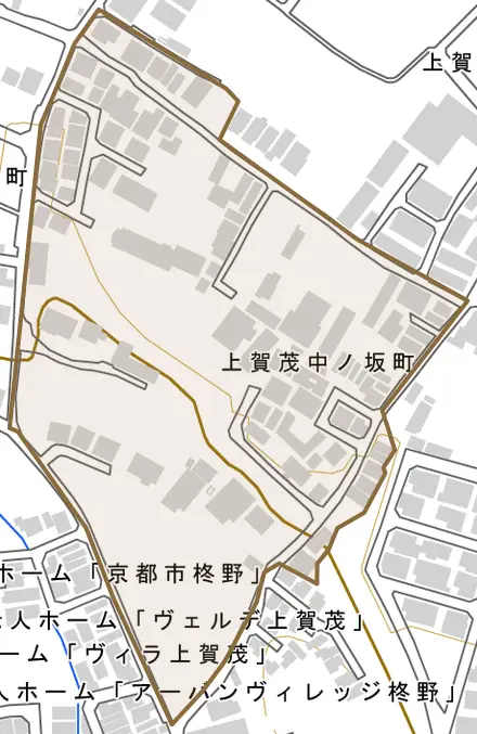 上賀茂中ノ坂町とその周辺の地図。町の範囲を重ねている