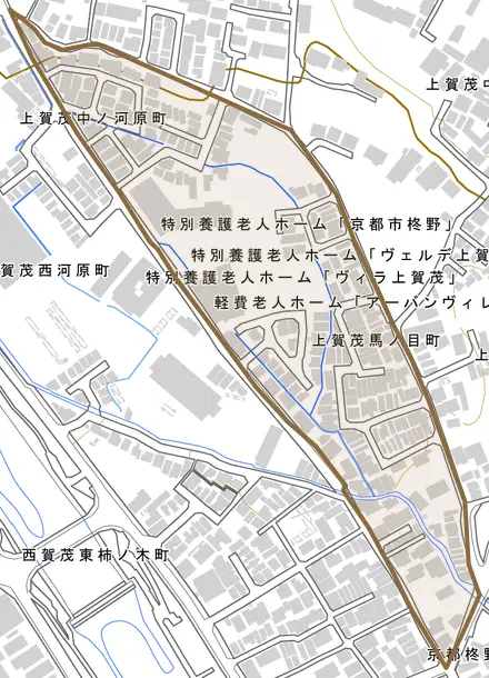 上賀茂馬ノ目町とその周辺の地図。町の範囲を重ねている