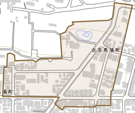 衣笠馬場町とその周辺の地図。町の範囲を重ねている