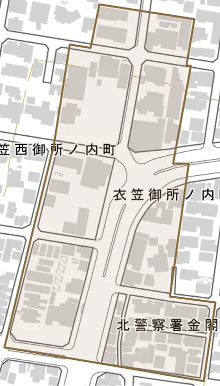衣笠御所ノ内町とその周辺の地図。町の範囲を重ねている