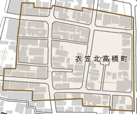 衣笠北高橋町とその周辺の地図。町の範囲を重ねている
