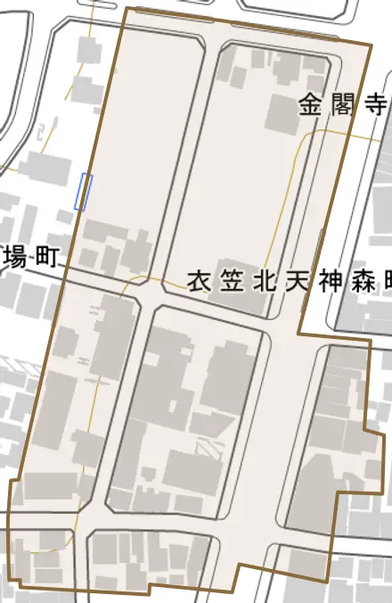 衣笠北天神森町とその周辺の地図。町の範囲を重ねている