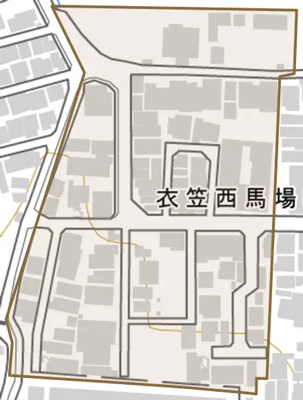 衣笠西馬場町とその周辺の地図。町の範囲を重ねている