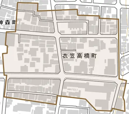 衣笠高橋町とその周辺の地図。町の範囲を重ねている