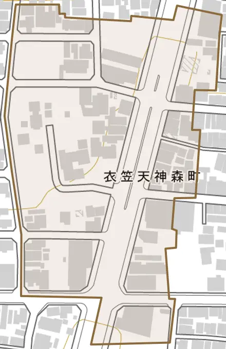 衣笠天神森町とその周辺の地図。町の範囲を重ねている