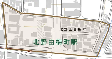 北野上白梅町とその周辺の地図。町の範囲を重ねている
