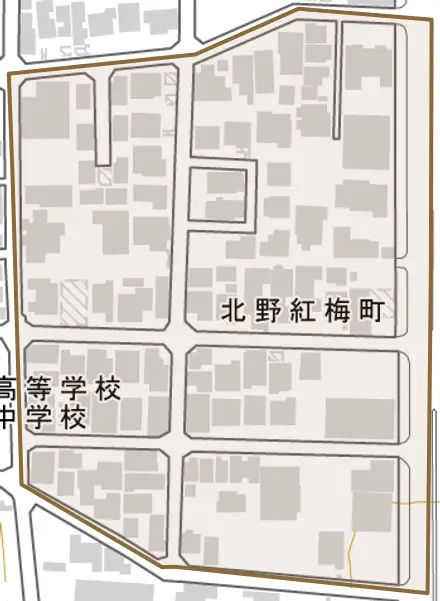 北野紅梅町とその周辺の地図。町の範囲を重ねている