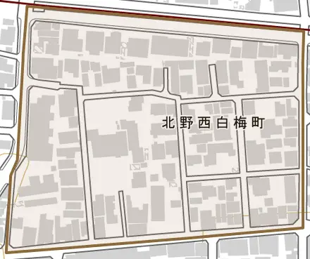 北野西白梅町とその周辺の地図。町の範囲を重ねている