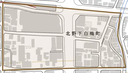 北野下白梅町とその周辺の地図。町の範囲を重ねている
