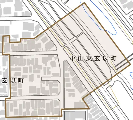 小山東玄以町とその周辺の地図。町の範囲を重ねている