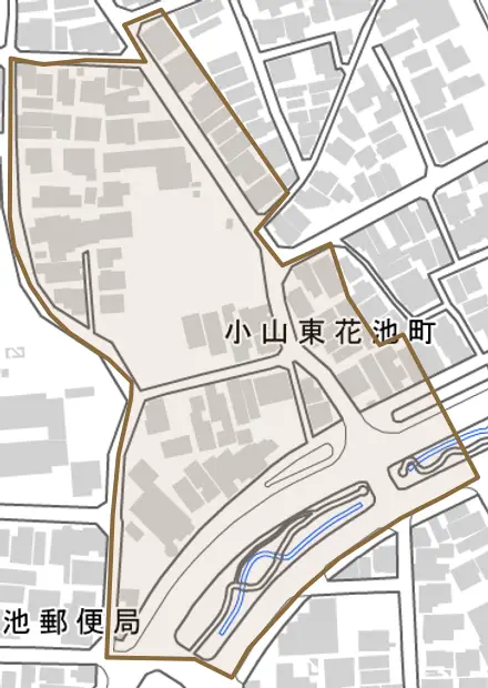 小山東花池町とその周辺の地図。町の範囲を重ねている