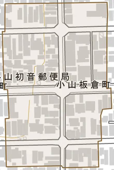 小山板倉町とその周辺の地図。町の範囲を重ねている