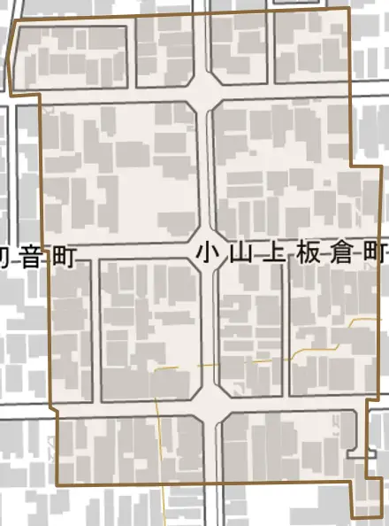 小山上板倉町とその周辺の地図。町の範囲を重ねている