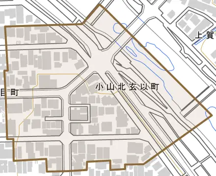 小山北玄以町とその周辺の地図。町の範囲を重ねている