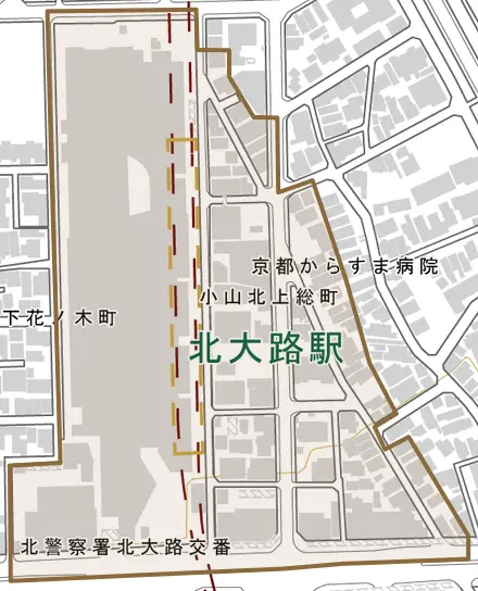 小山北上総町とその周辺の地図。町の範囲を重ねている