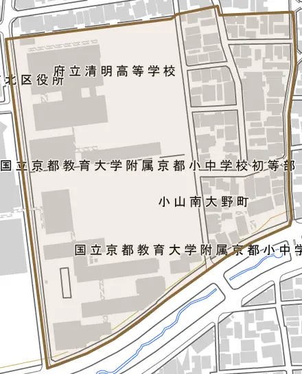小山南大野町とその周辺の地図。町の範囲を重ねている