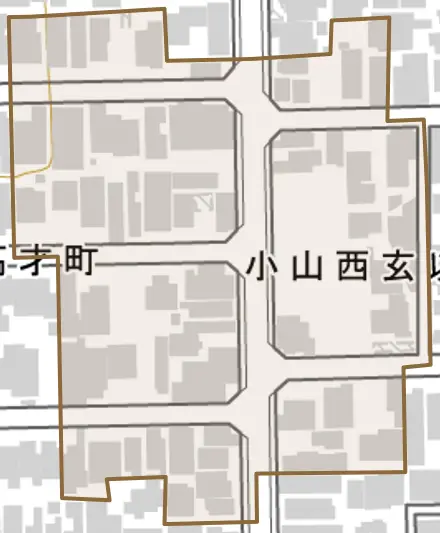 小山西玄以町とその周辺の地図。町の範囲を重ねている
