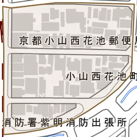 小山西花池町とその周辺の地図。町の範囲を重ねている
