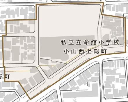 小山西上総町とその周辺の地図。町の範囲を重ねている